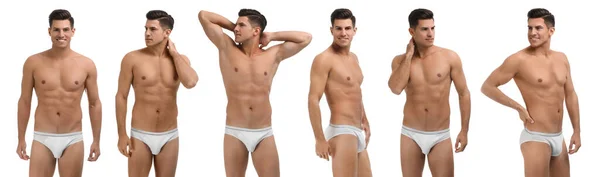 Collage Eines Mannes Unterwäsche Auf Weißem Hintergrund — Stockfoto
