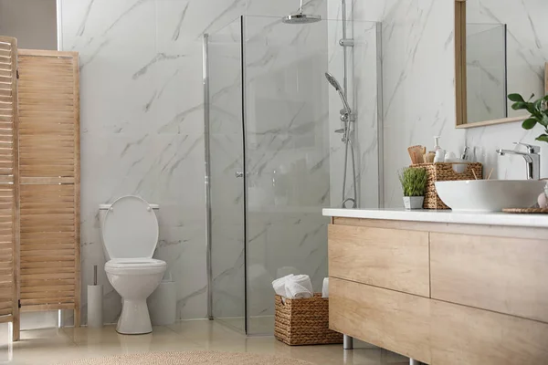 Interior of stylish bathroom with shower unit — 스톡 사진