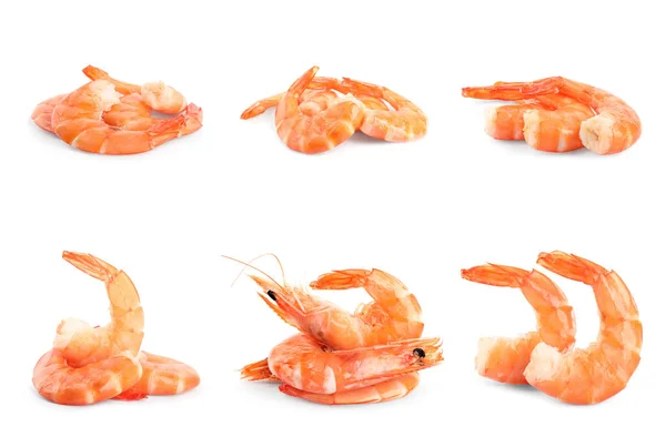 Set Delicious Freshly Cooked Shrimps White Background — Stock Photo, Image