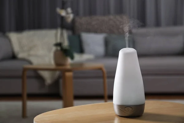 Aroma Oil Diffuser Wooden Table Indoors Space Text Air Freshener — 스톡 사진