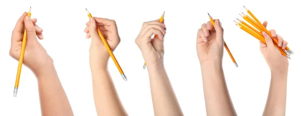 Collage Woman Holding Pencils White Background Closeup — 图库照片