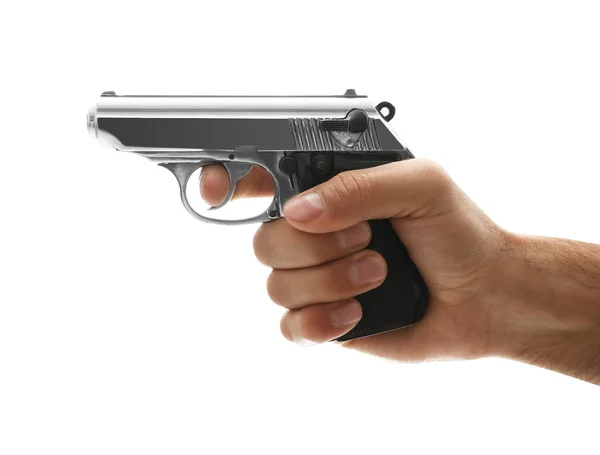 Pembunuh profesional dengan pistol di latar belakang putih, close-up — Stok Foto