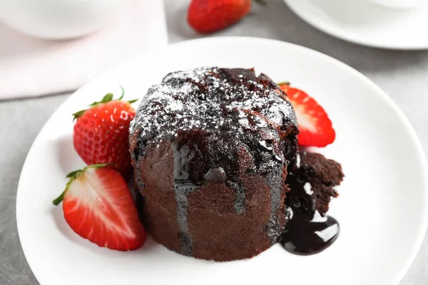 Delicious Warm Chocolate Lava Cake Mint Strawberries Table Closeup — 스톡 사진