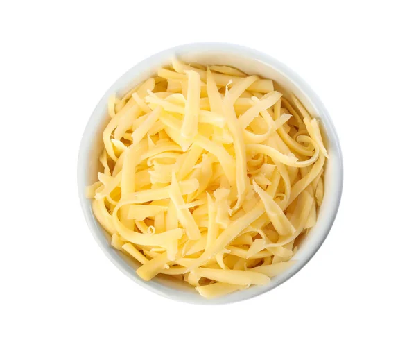 Beyazda Izole Edilmiş Rendelenmiş Peynirli Kase Üst Manzara — Stok fotoğraf