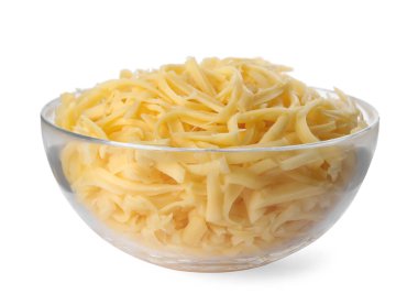 Bembeyaz rendelenmiş peynirli cam kase.