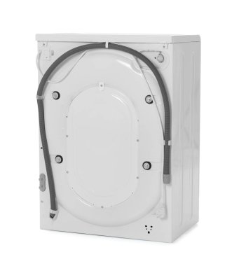 Modern çamaşır makinesi beyaz arka planda izole edilmiş. Çamaşır günü