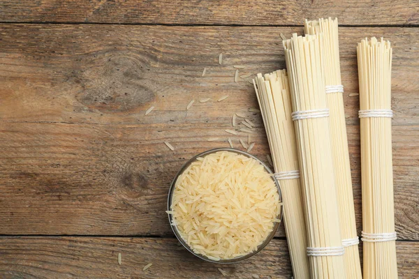 Rice Raw Noodles Wooden Table Flat Lay Space Text — 스톡 사진