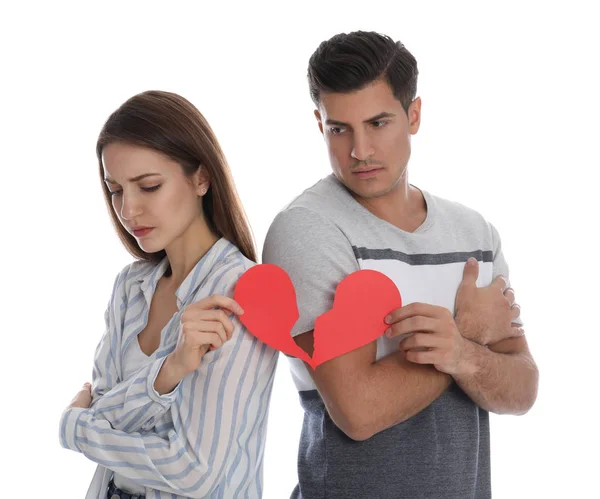 Couple Torn Paper Heart White Background Relationship Problems — Stock Photo, Image