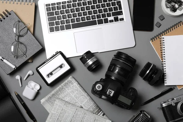 Flat Lay Composition Equipment Journalist Grey Table — Stockfoto