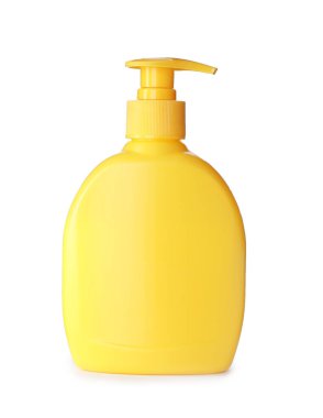 Yellow plastic dispenser isolated on white. Mockup for design