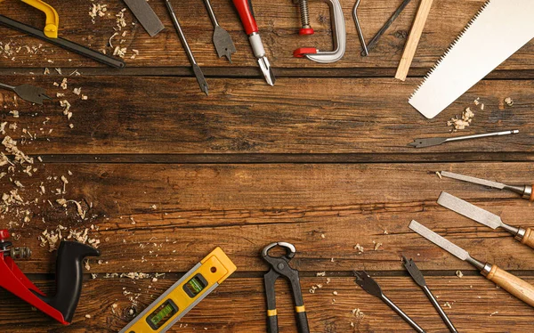 Marco Hecho Con Herramientas Carpintería Sobre Fondo Madera Plano Espacio —  Fotos de Stock