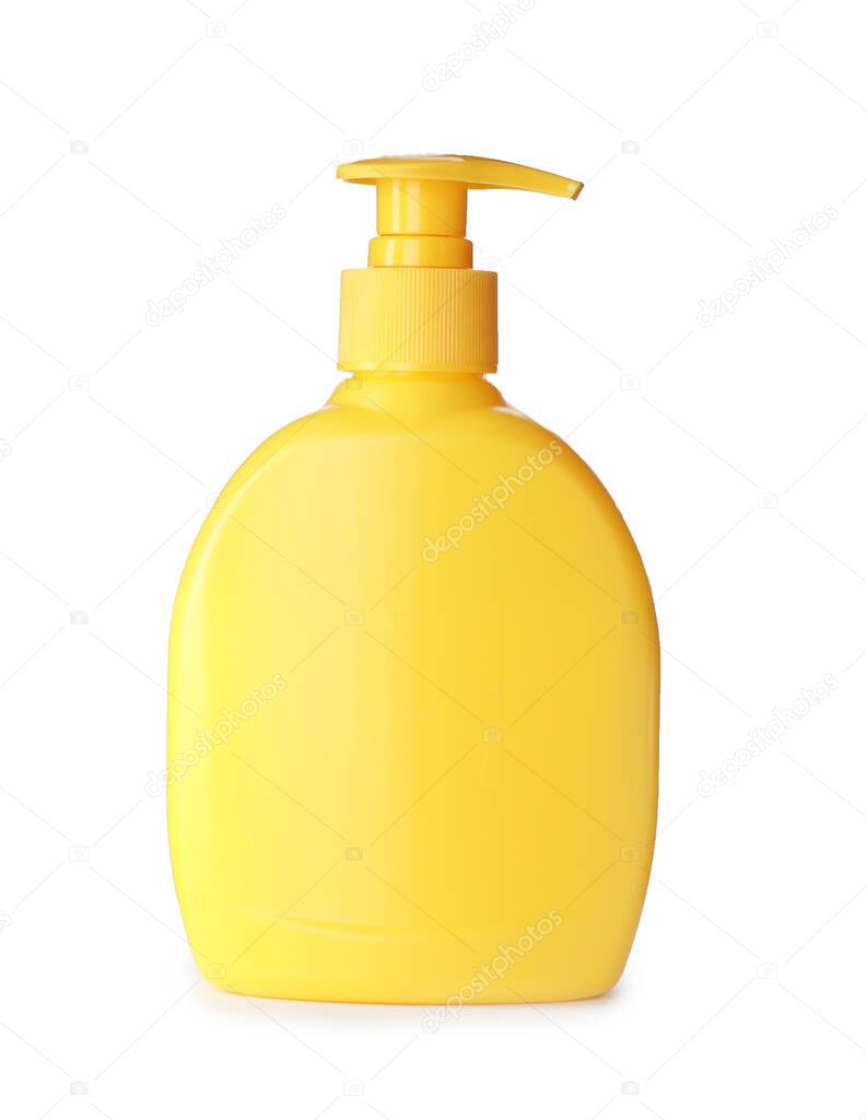 Yellow plastic dispenser isolated on white. Mockup for design