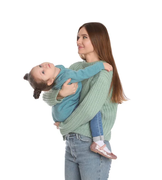 Jonge Moeder Met Kleine Dochter Witte Achtergrond — Stockfoto