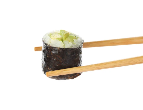 Delicious avocado sushi roll on white background — ストック写真