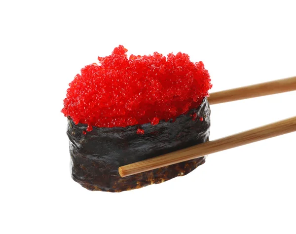 Chopsticks with tobiko sushi isolated on white — Stockfoto