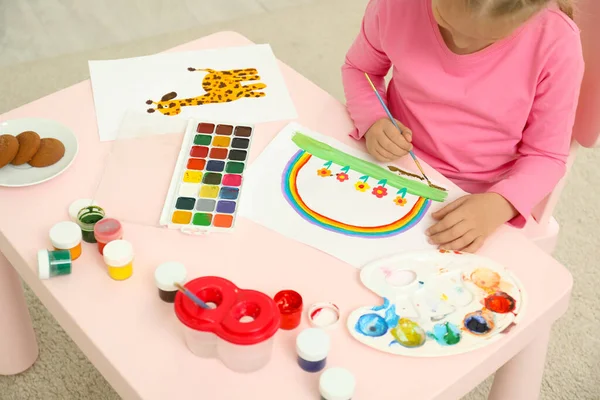 Cute Little Child Painting Table Room — Stock Photo, Image