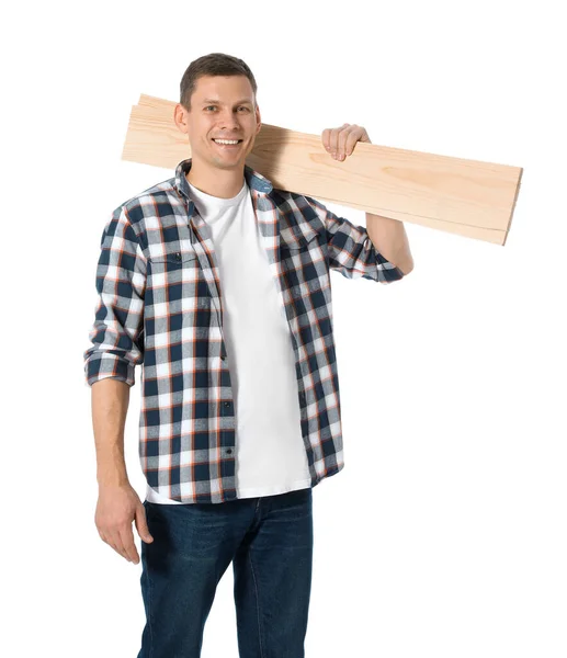 Handsome carpenter with wooden planks isolated on white — Stock Photo, Image