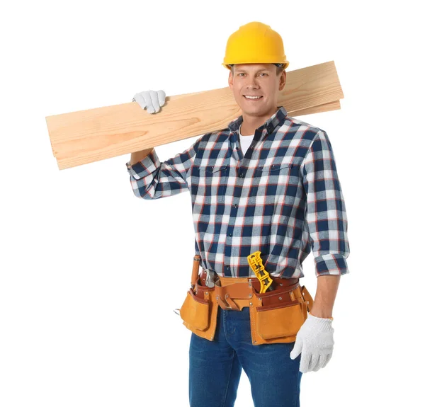 Knappe timmerman met houten planken geïsoleerd op wit — Stockfoto