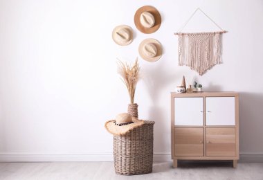 Living room interior design with wooden cabinet, space for text