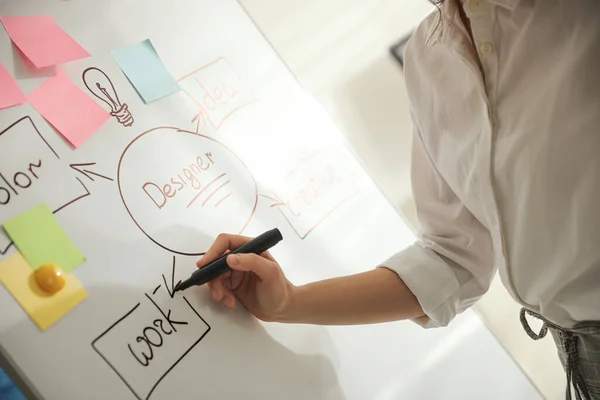 Designer Drawing Diagram Marker Whiteboard Closeup — Stockfoto