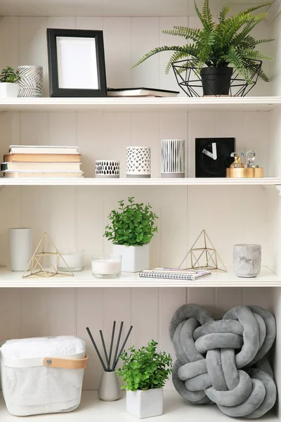 White Shelving Unit Plants Different Decorative Stuff — Stock Photo, Image