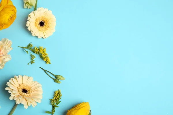 Floral Composition Beautiful Flowers Light Blue Background Flat Lay Space — 스톡 사진