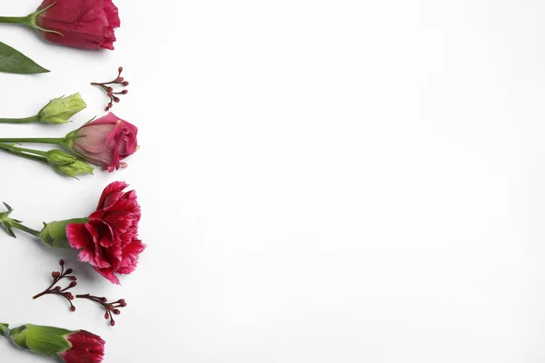 Hermosa Composición Floral Con Flores Sobre Fondo Blanco Disposición Plana —  Fotos de Stock