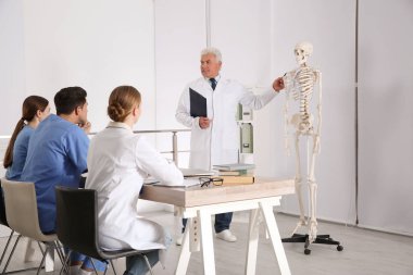 Tıp öğrencileri ve profesör sınıfta insan iskeleti anatomisi okuyor.