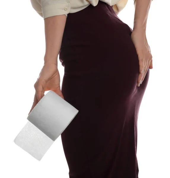 Woman Toilet Paper Suffering Hemorrhoid White Background Closeup — Stock Photo, Image