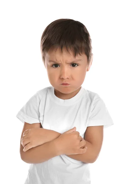 Portrét Emocionální Malého Chlapce Bílém Pozadí — Stock fotografie