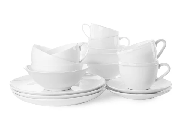 Set van schoon servies geïsoleerd op wit — Stockfoto