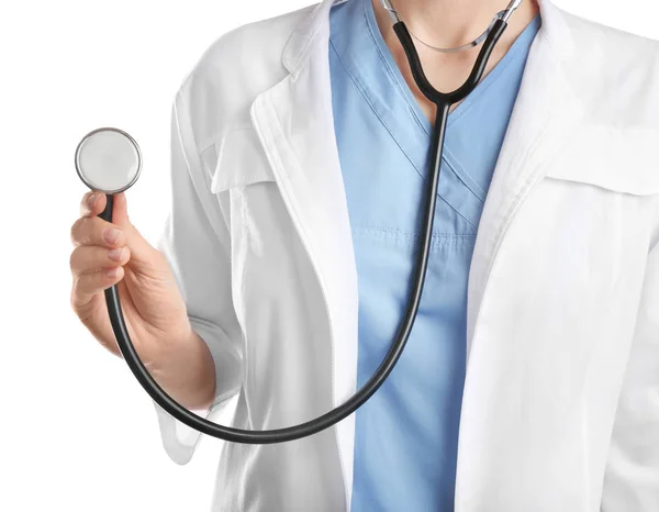 Lääkäri Stetoskooppi Valkoisella Taustalla Lähikuva Terveyspalvelut — kuvapankkivalokuva