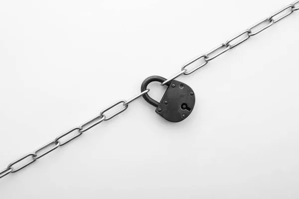 Steel Padlock Chain Isolated White Top View Safety Concept — 스톡 사진