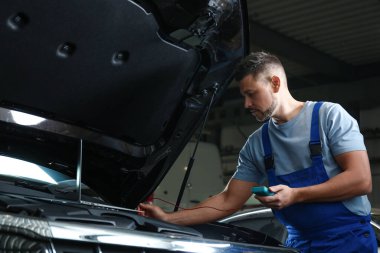 Mechanic with laptop doing car diagnostic at automobile repair shop