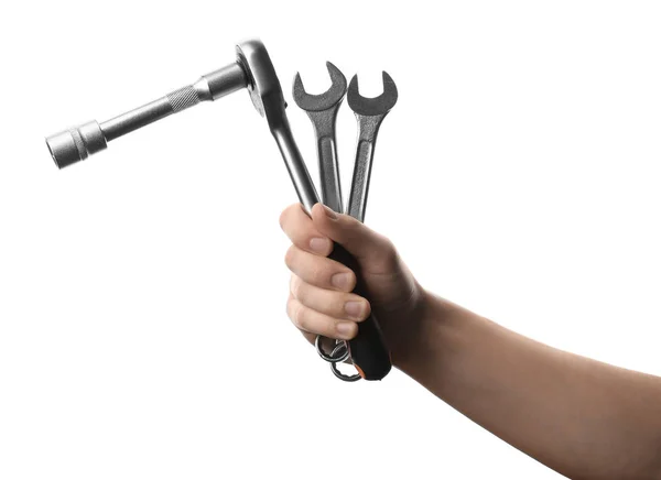Auto Mechanic Holding Different Wrenches Isolated White Closeup — 스톡 사진