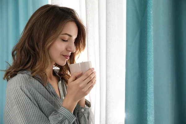 Woman Drinking Coffee Window Beautiful Curtains Home — 스톡 사진