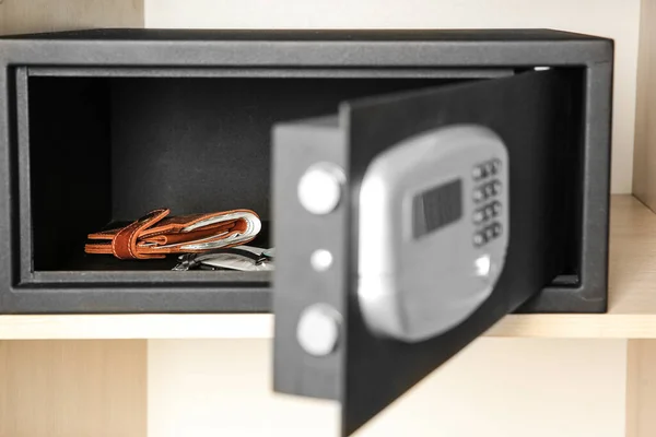 Open Steel Safe Wallet Wooden Closet Hotel — 스톡 사진