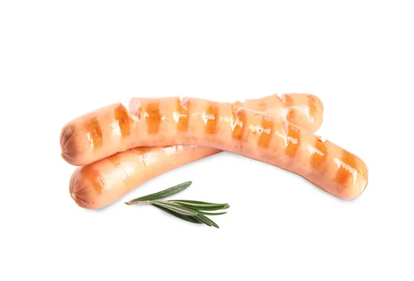 Grilled sausages and rosemary isolated on white — Stock Photo, Image