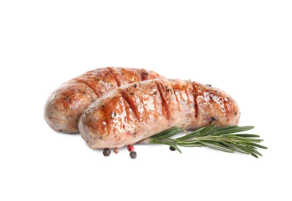 Grilled sausages and rosemary isolated on white — 스톡 사진
