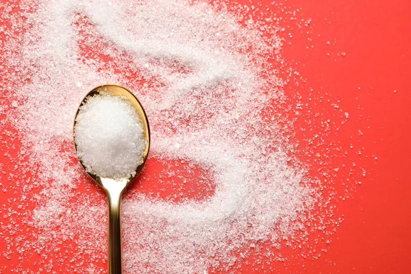 Granulated Sugar Spoon Red Background Flat Lay — 图库照片
