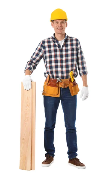 Handsome carpenter with wooden planks isolated on white — Stok fotoğraf