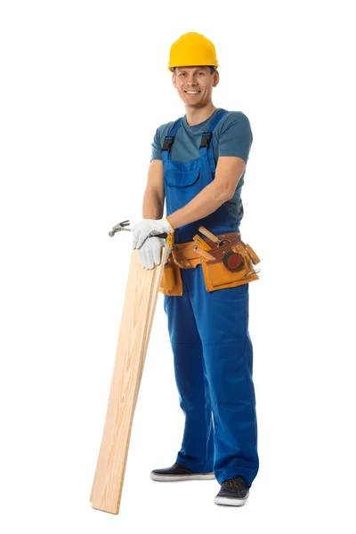 Handsome carpenter with wooden planks isolated on white — Stok fotoğraf