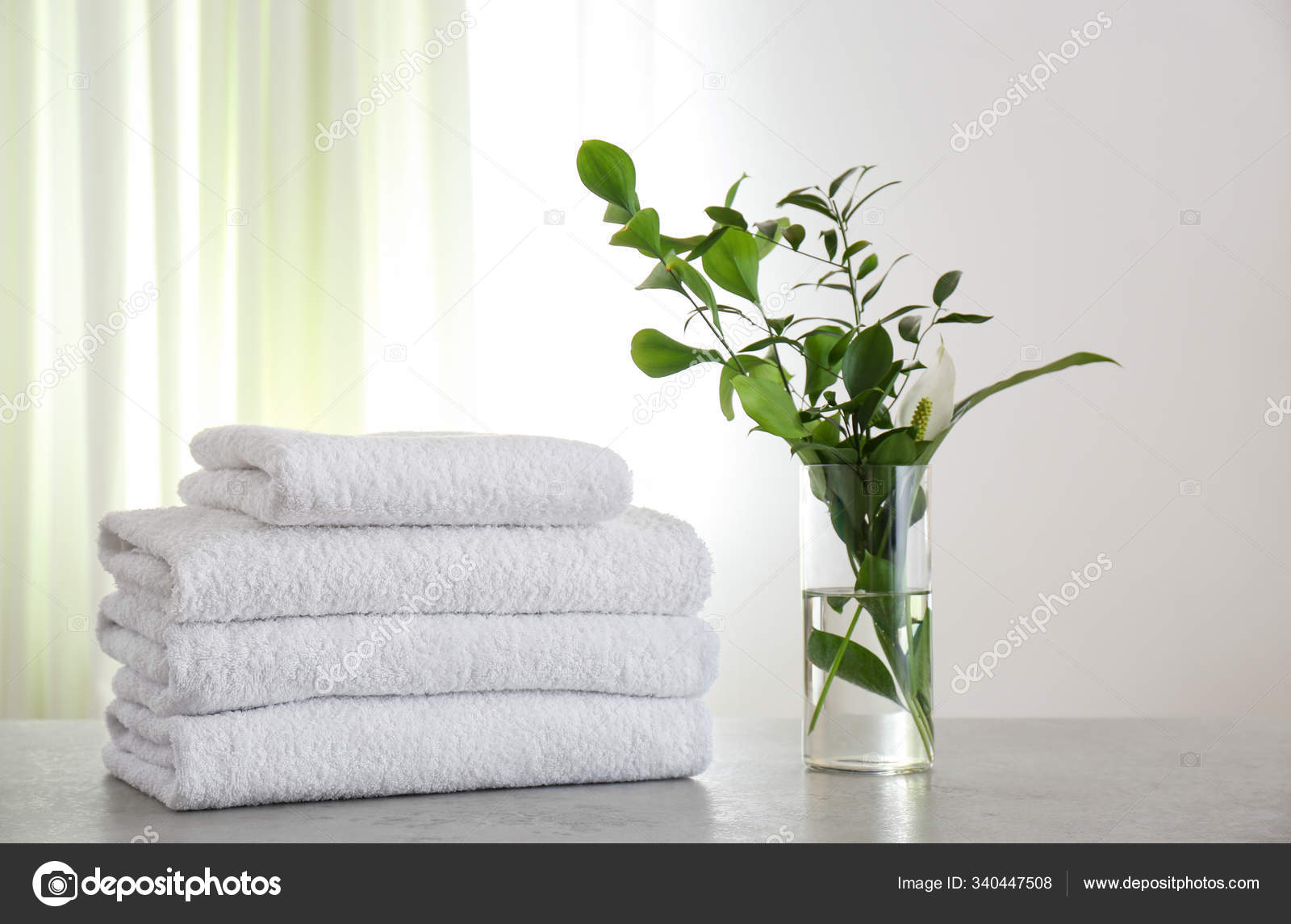 Fresh Towels Green Branches Light Grey Stone Table Bathroom Stock Photo Image By C Newafrica 340447508