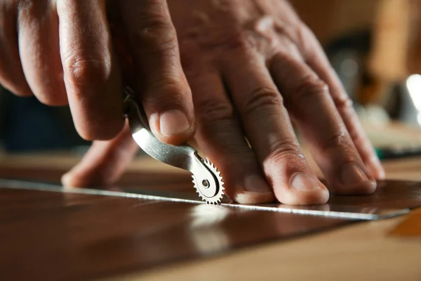 Man Marking Leather Roller Workshop Closeup — Stock Photo, Image
