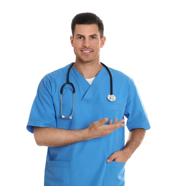 Portrait of doctor with stethoscope on white background — Stock Photo, Image