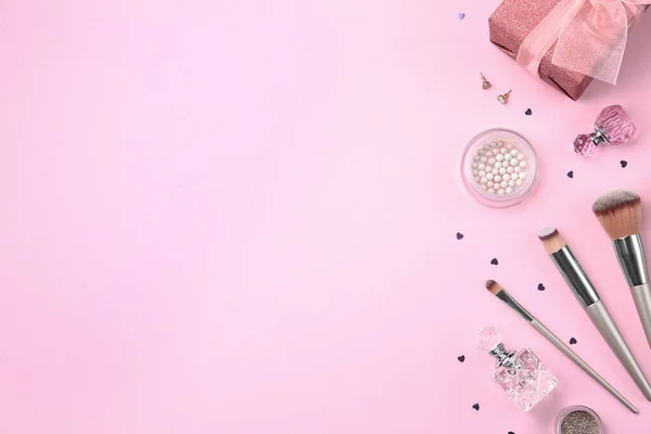 Flat Lay Composition Cosmetics Stylish Accessories Pink Background Space Text — 스톡 사진