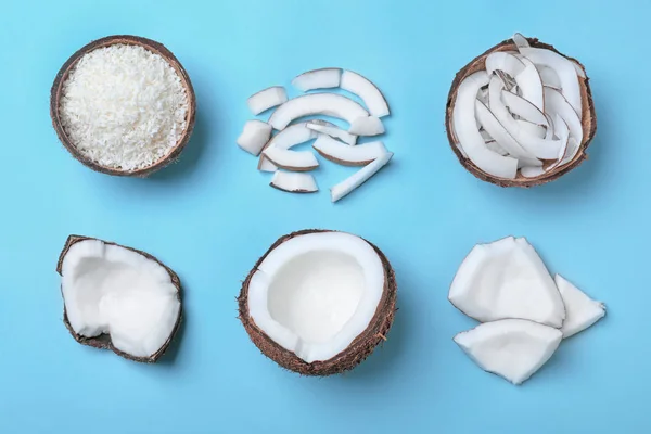 Flat Lay Composition Fresh Coconut Flakes Light Blue Background — 스톡 사진