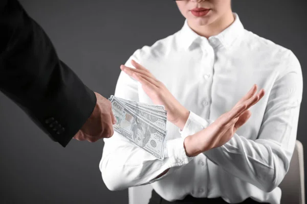 Woman Refuses Take Bribe Money Dark Background Closeup — Stock Photo, Image