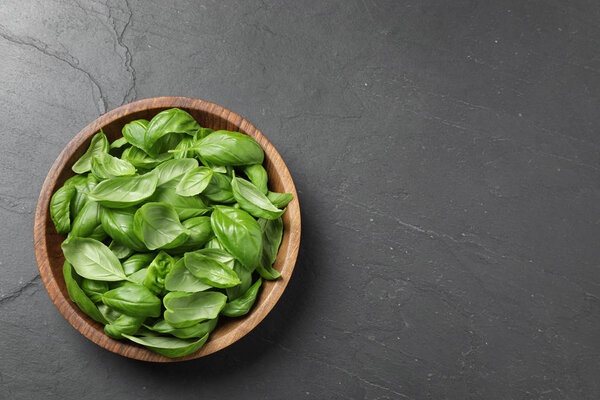 Fresh basil on grey table, top view. Space for text