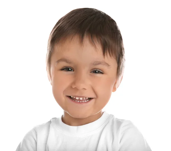 Portret Van Gelukkige Kleine Jongen Witte Achtergrond — Stockfoto
